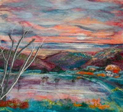 Stage 2 of felt painting of King Island sunset